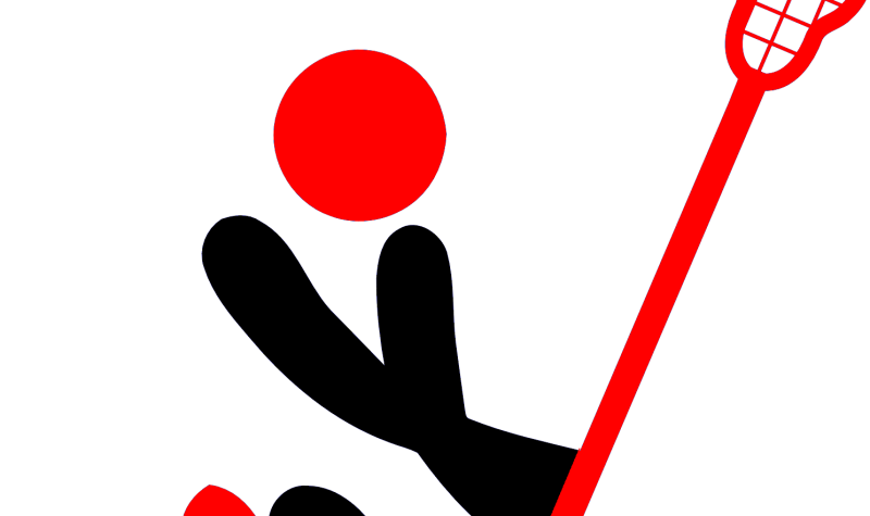 Red and black silhouette of a stick figure with a lacrosse stick in hands