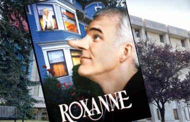 collage of the cover of steve martins 'roxanne' on a backdrop of nelson city hall