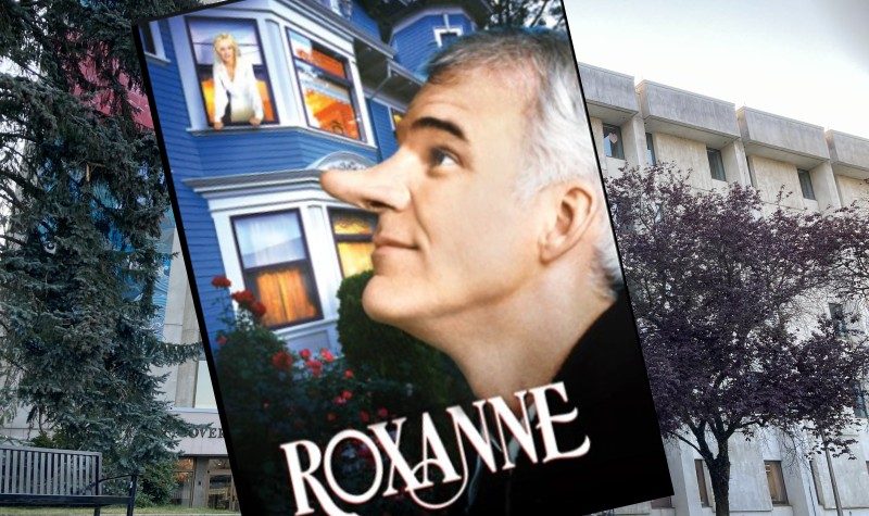 collage of the cover of steve martins 'roxanne' on a backdrop of nelson city hall