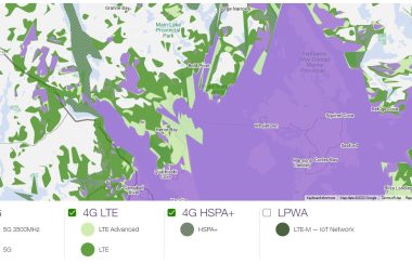 A cell coverage map is pictured with Cortes Island covered in purple, representing the 5G network.