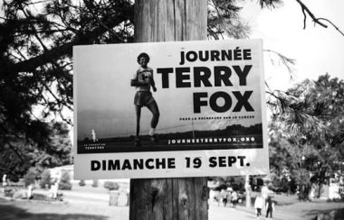 A sign on a telephone pole advertising the 40th annual Pontiac Terry Fox Run.