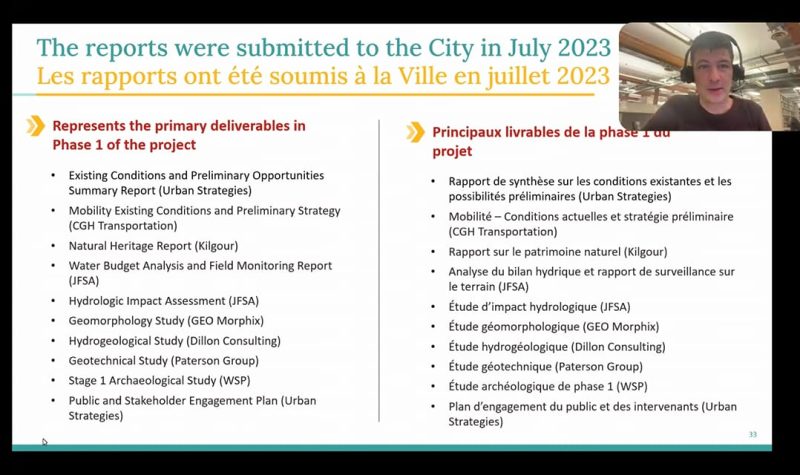 A screenshot taken of a powerpoint presentation lists the reports sent to the City of Ottawa by the proponents of the Tewin subdivision, with the virtual event's moderator, a young man, shown in the top left corner.