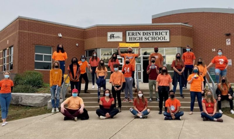 Indigenous Studies students proudly wear their Orange Shirts out front of Erin District High School.