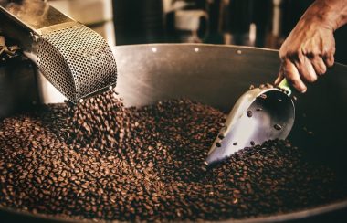 Coffee beans are coming down the chute into a metal pan where a hand stirs them with a scoop.