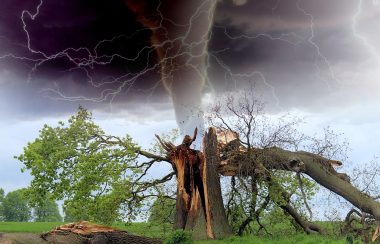 A tornado can be seen in the background with stormy dark skies. A tree trunk is pictured that was snapped in half and the broken half can be seen laying across the green grass.