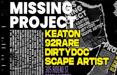 a poster with the 2 things missing project written on it in large text. There is a list of artists performing and details regarding the event.