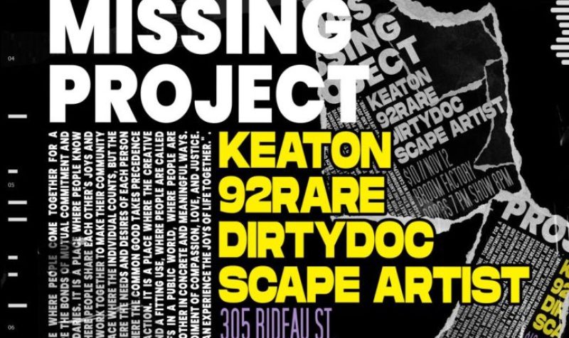 a poster with the 2 things missing project written on it in large text. There is a list of artists performing and details regarding the event.