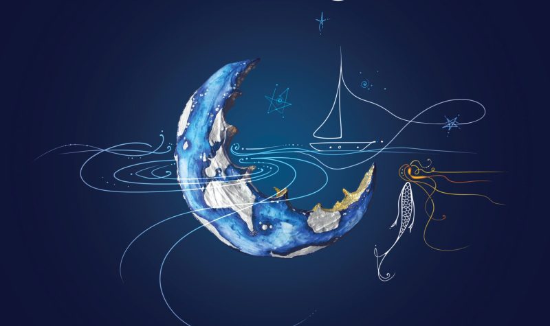 Pochette du disque. Fond bleu, on peut voir la terre en forme de lune, un bateau dessiné en simple trait blanc et une sirène juste en dessous.