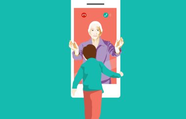 An illustration of older women hugging child through phone screen.