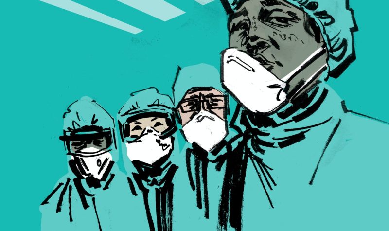 cartoon of healthcare professionals wearing masks and standing in a group