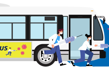 A cartoon depiction of healthcare workers running beside a bus, with cartoon coronavirus cells in front of it.