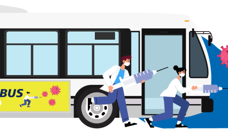 A cartoon depiction of healthcare workers running beside a bus, with cartoon coronavirus cells in front of it.