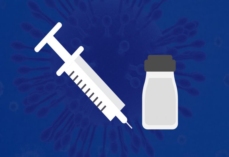 A cartoon depiction of a vaccine needle and a vial of vaccine are displayed against a dark blue background.