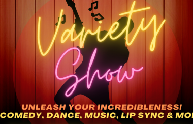A silhouette of a guitarist on stage with the words, “Variety Show”.