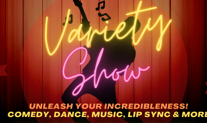 A silhouette of a guitarist on stage with the words, “Variety Show”.