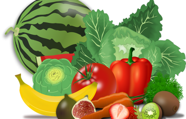 Dessins de fruits et légumes. On aperçoit des fraises, kiwis, banane, figue, carottes, laitue, melon d'eau, tomates, poivrons et chou