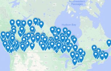 Dozens of blue place-markers across the country are shown on a Google Map of Canada.