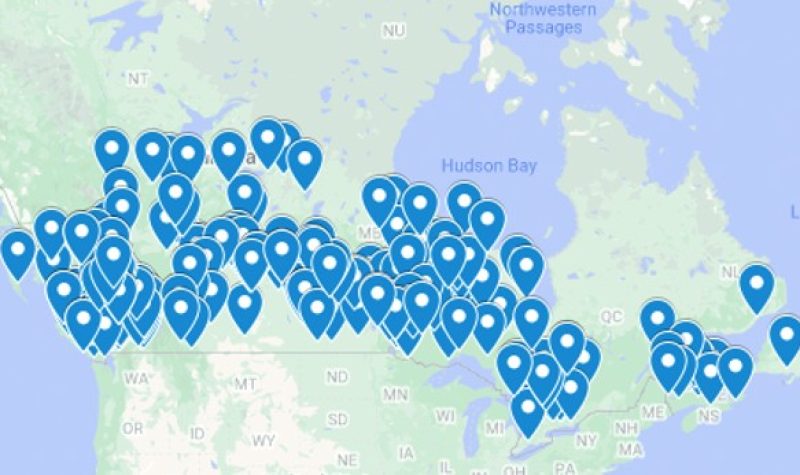 Dozens of blue place-markers across the country are shown on a Google Map of Canada.