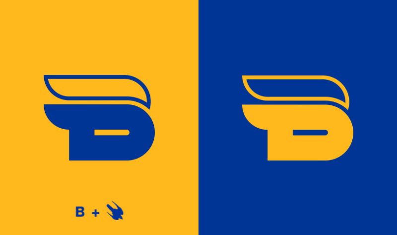 Falcon-shaped B letter in blue and gold on each side.