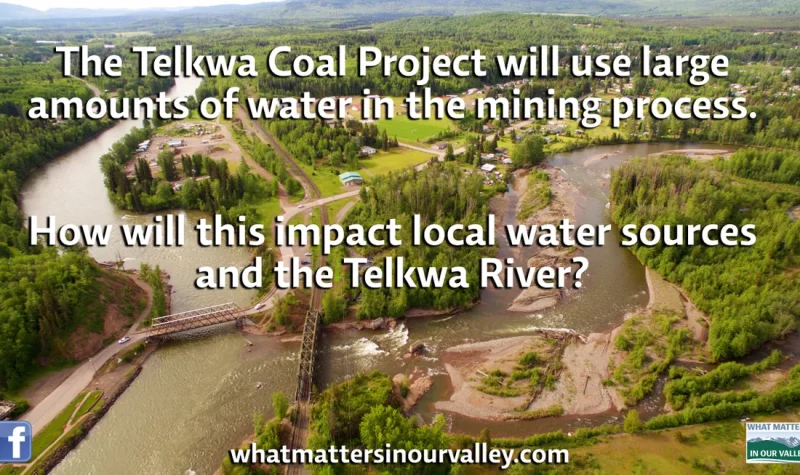 an aerial shot of the Telkwa River. Words on the picture read: The Telkwa Coal Project will use large amounts of water in the mining process. How will this impact local water sources and the Telkwa River?