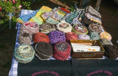 Several rolls of yarn in multiple colors are displayed on a table, outside.