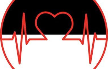 Circle that is half white and half black with the shape of a heart drawn with echocardiogram lines in red.