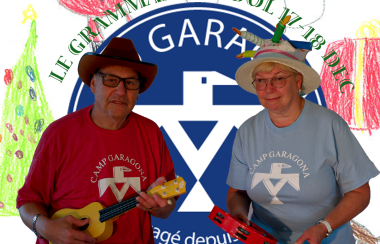 The promotional poster for Camp Garagona's Christmas market. It features the location, date, and logo of Camp Garagona. Two campers are also featured on the poster.