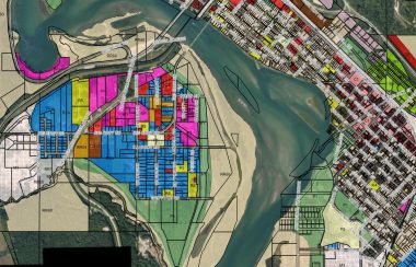 A map of Revelstoke colour coded to show how each parcel is zoned.